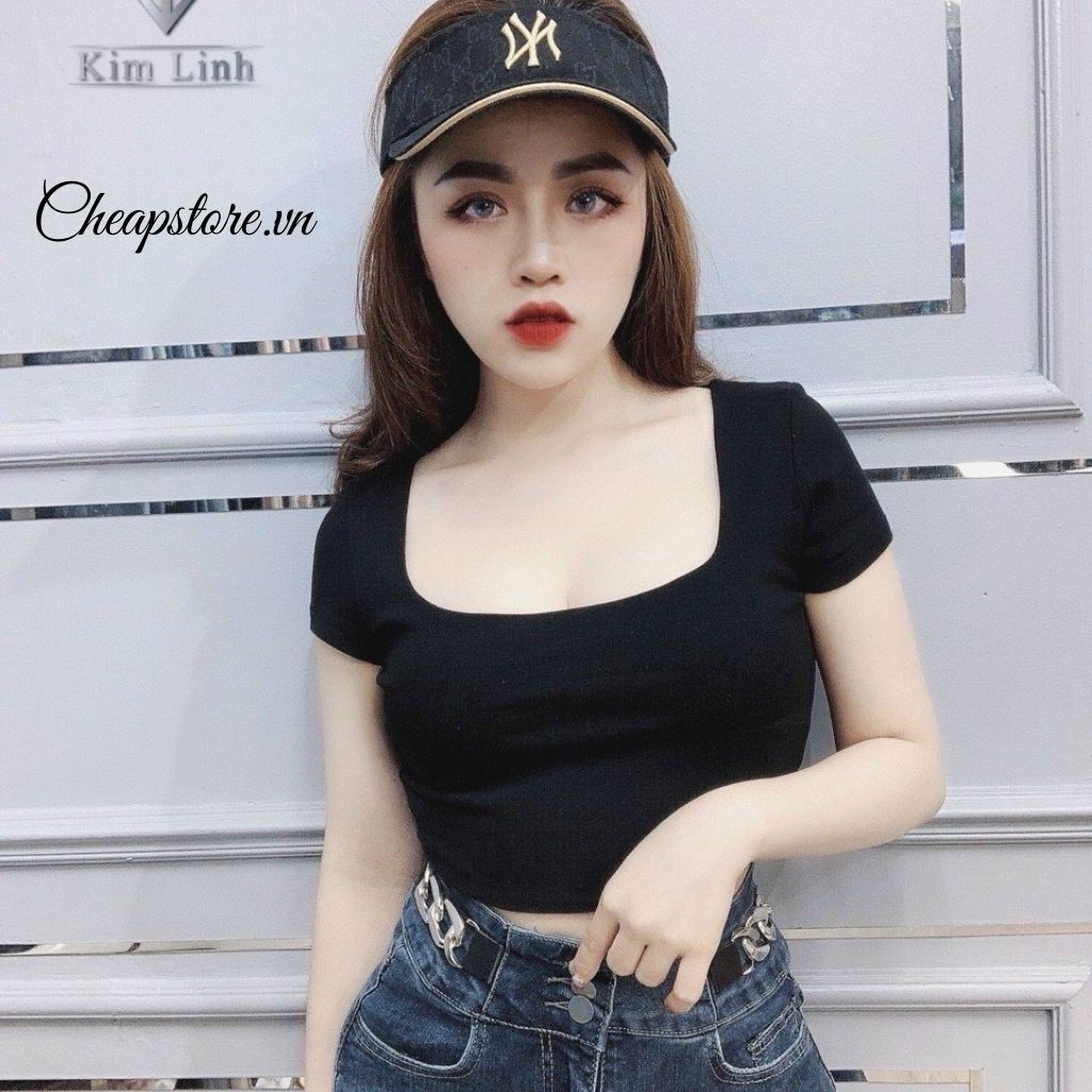 Áo thun croptop cổ U form ôm tay ngắn chất đẹp, hottren 2021 - Áo phông cổ U cộc tay chất zip  nhiều màu sắc