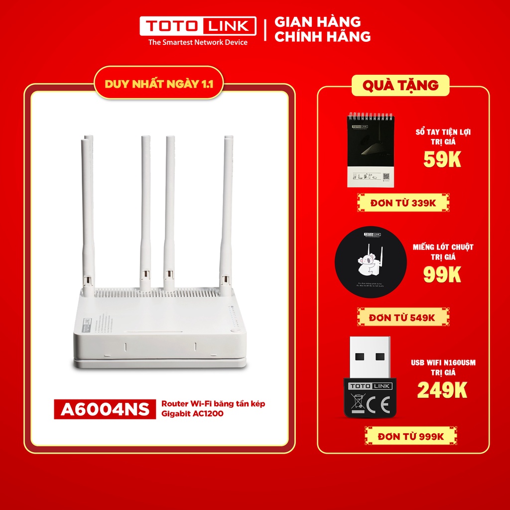 Cục phát wifi router wifi băng tần kép băng tần kép Gigabit NAS chuẩn AC 1900Mbps A6004NS TOTOLINK