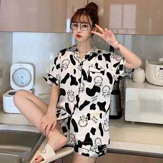 [MS 10] BỘ ĐỒ NGỦ PIJAMA LỤA TAY NGẮN ĐÙI HOẠ TIẾT BÒ SỮA DỄ THƯƠNG
