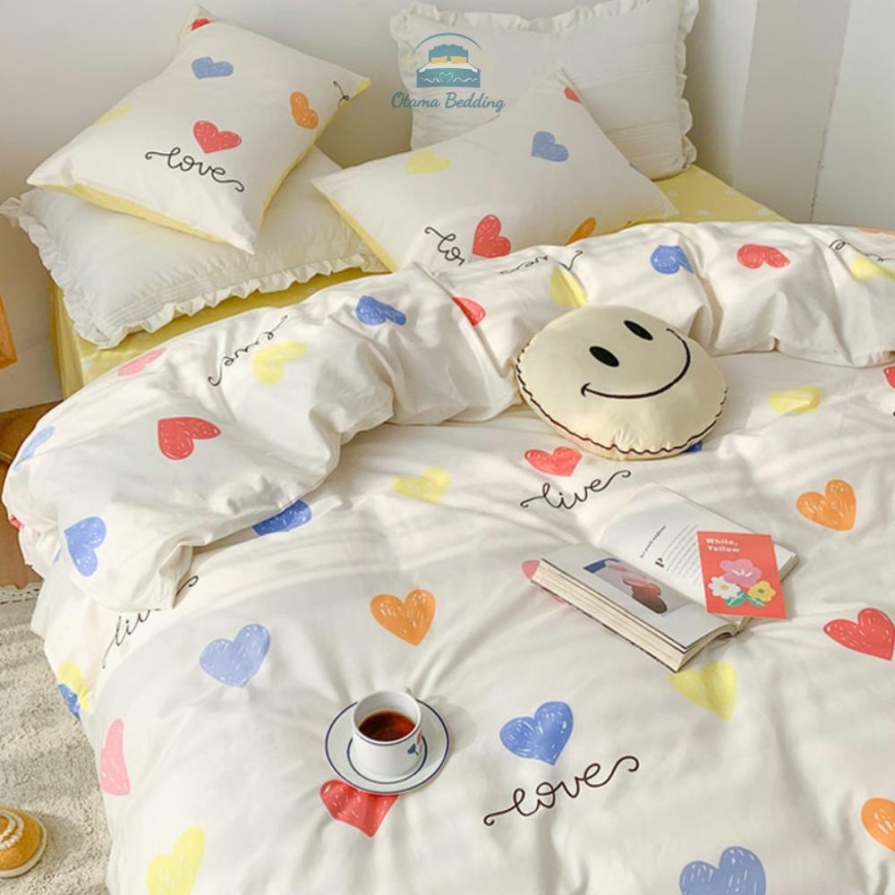 Bộ chăn ga gối 4 món kèm vỏ gối cotton poly trái tim vintage , Bộ ga gối drap giường bo chun - Otama Bedding