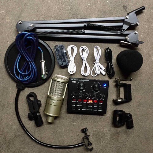 Trọn Bộ Hát Thu Âm Livestream Mic AQ220-Sound Card V8 Kèm Chân Kẹp Màng Lọc Tai Nghe Nhét Bảo Hành 6 Tháng