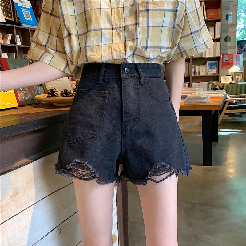 Quần đùi denim IHKKE màu đen lưng cao thời trang dành cho nữ