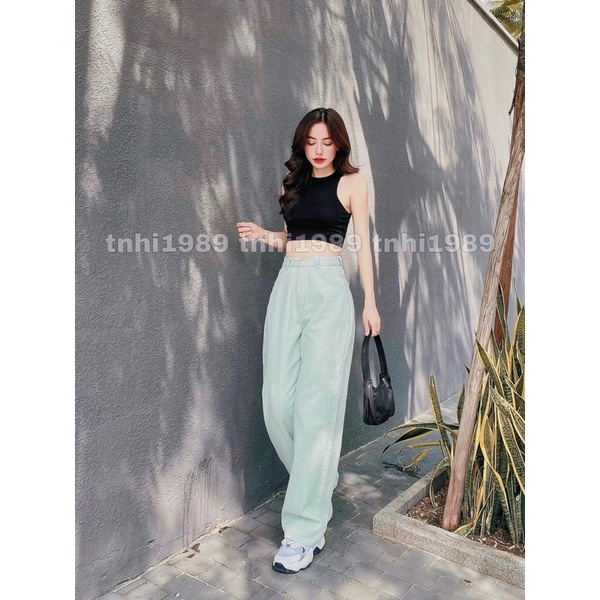 Quần jean ống rộng suông nữ Màu xanh Min