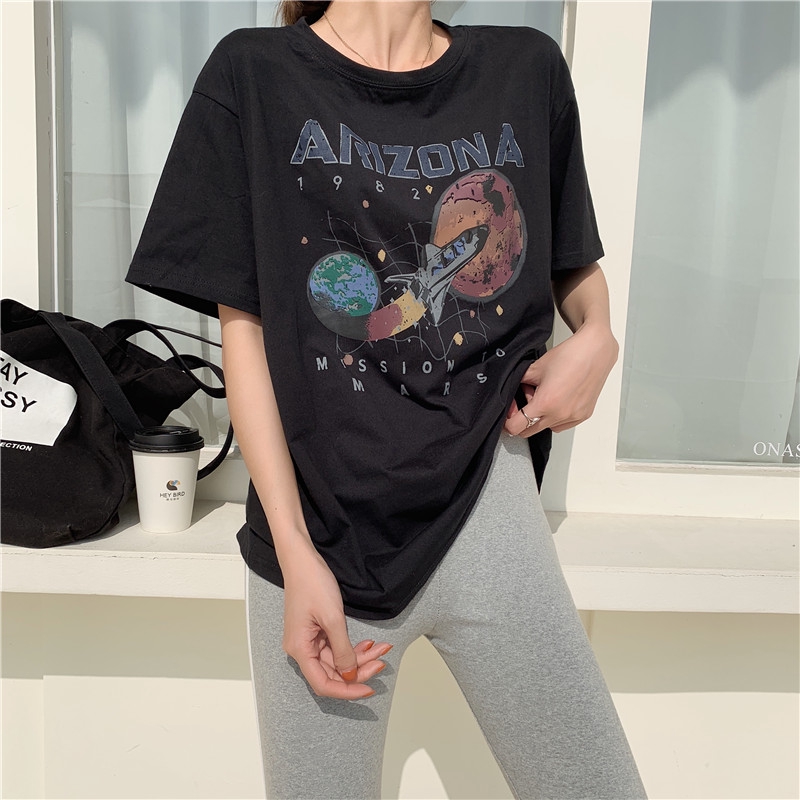 SUXI Áo thun nữ ngắn tay cổ tròn in họa tiết độc đáo phong cách Hàn