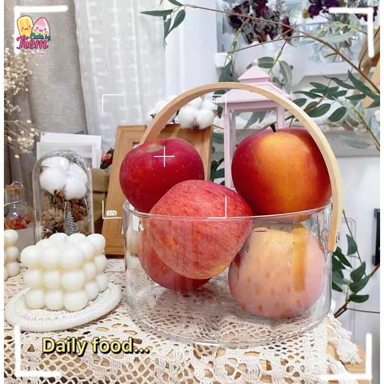 Giỏ thuỷ tinh có tay cầm bằng tre kiểu Bắc Âu, khay mứt 4 ngăn