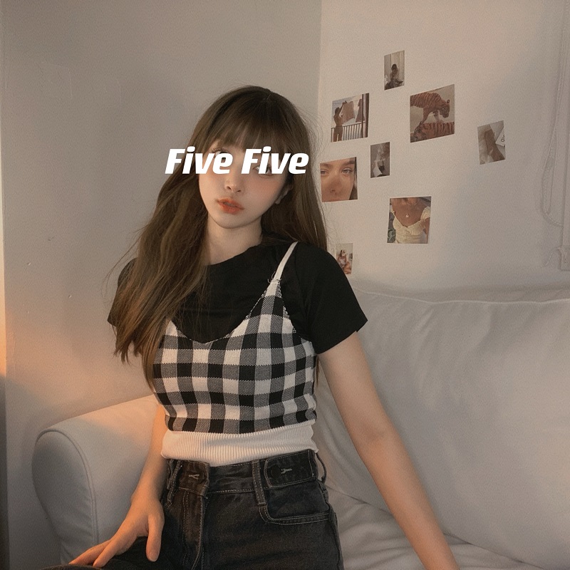 Áo sát nách cổ chữ V họa tiết kẻ ca rô trẻ trung cho nữ
