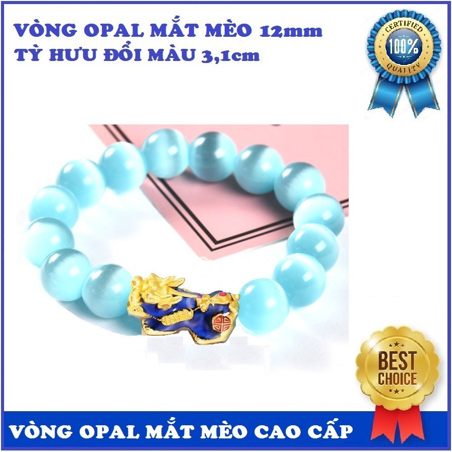 Vòng tay đá mắt mèo tự nhiên màu xanh lam cao cấp 12mm, mix tỳ hưu đổi màu theo nhiệt độ cơ thể size 3,1cm