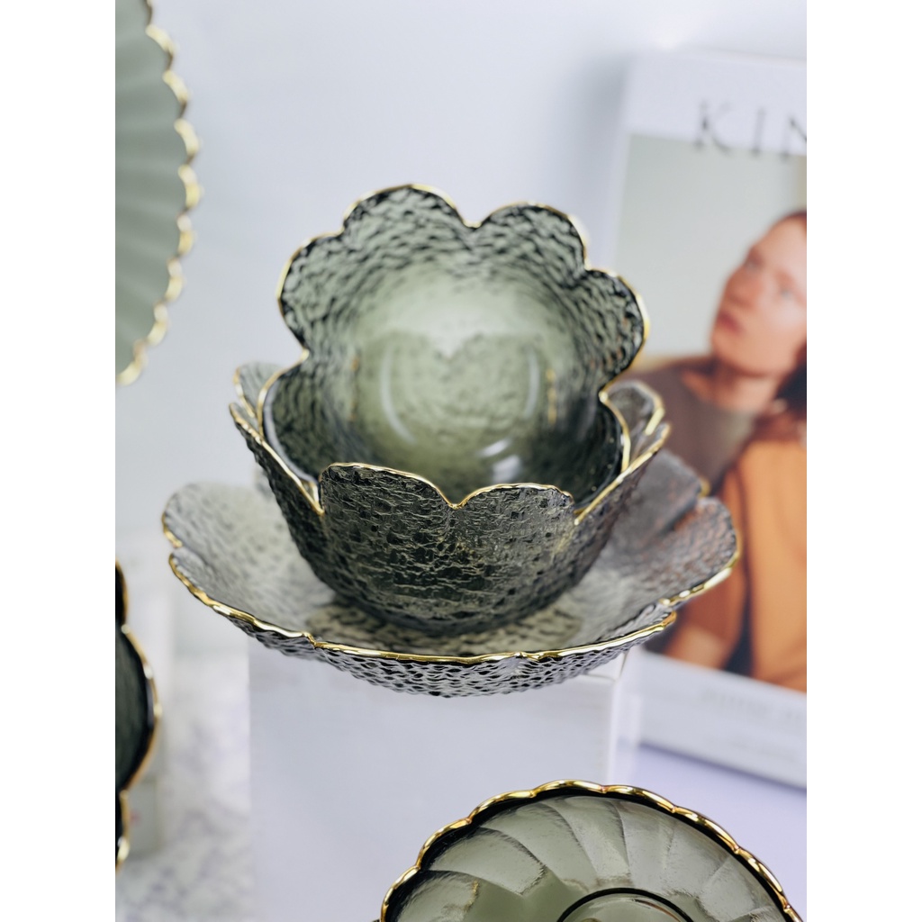 Bộ bát đĩa,chén dĩa ăn cơm,Bộ đồ ăn Thủy tinh viền vàng Màu Đen decor cao cấp