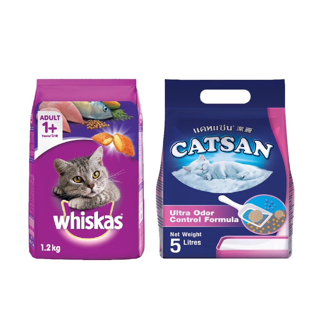 Combo Thức Ăn Mèo Whiskas Vị Cá Thu 1.2 kg &amp; Cát Vệ Sinh Catsan 5L