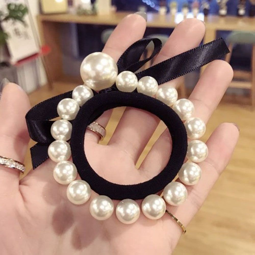 Dây Cột Tóc Ruy Băng Thắt Nơ Phối Ren Đính Ngọc Trai Nhân Tạo Phong Cách Hàn Quốc Cho Nữ