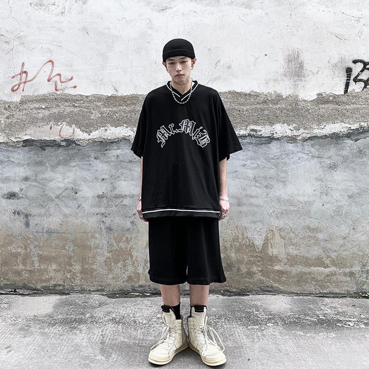 [F &amp; X] Áo Thun Bóng Chày Tay Ngắn Cổ Chữ V Dáng Rộng vintage Bằng Cotton Nguyên Chất Dành Cho Nam Nữ