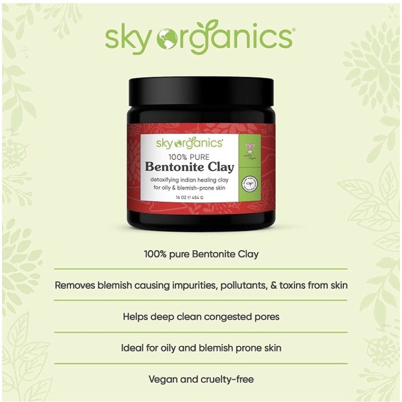 Bột đất sét bùn khoáng núi lửa Bentonite Clay Sky Organics 100% tự nhiên 454g USA