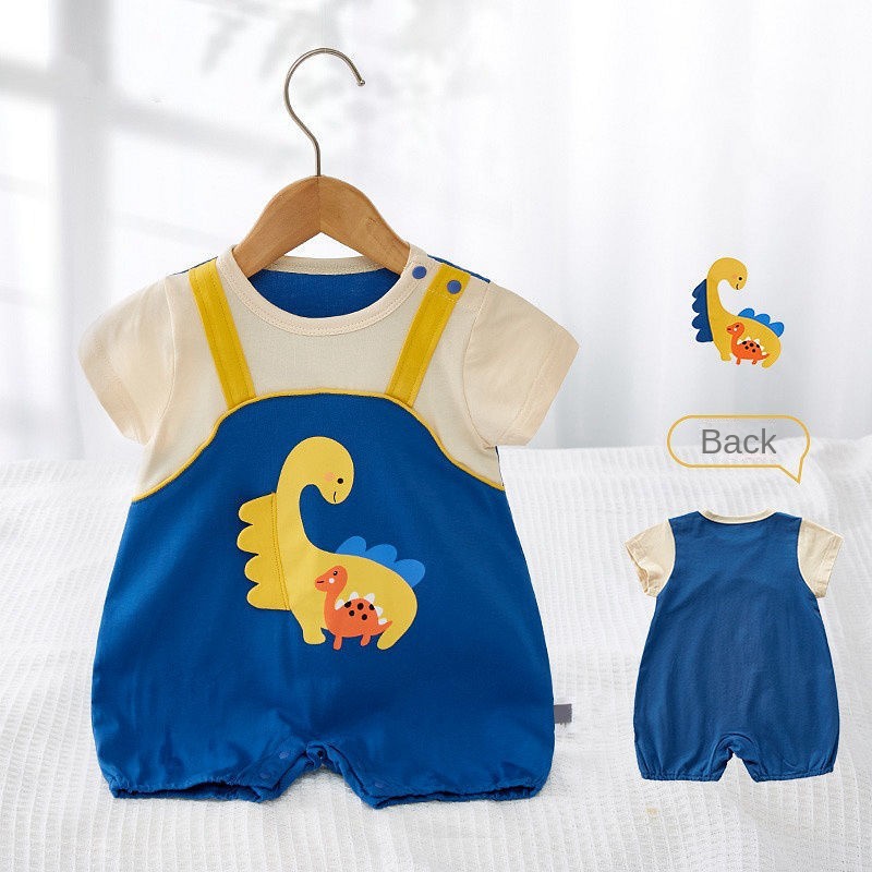 Áo Liền Quần Bằng Cotton Tay Ngắn In Hình Khủng Long Hoạt Hình Dành Cho Bé Trai Gái 0-18 Tháng Tuổi