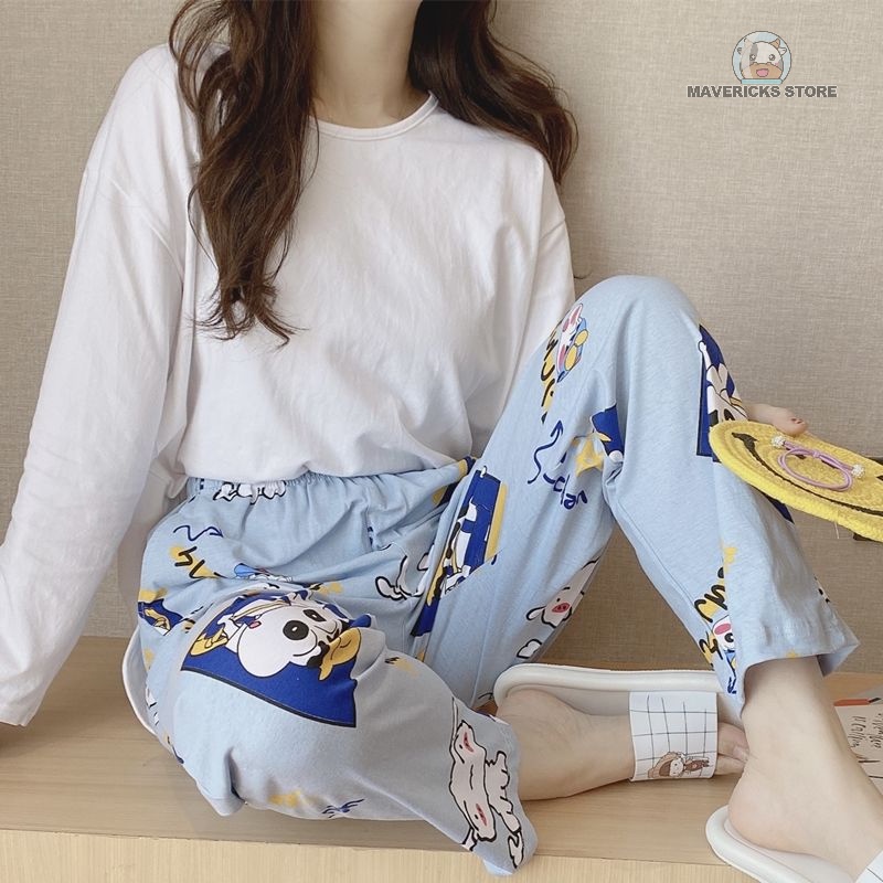 Quần ngủ dáng rộng in họa tiết hoạt hình phong cách Hàn Quốc đáng yêu thời trang cho nữ