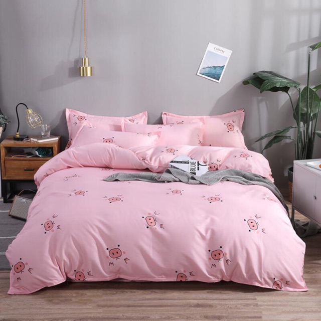 Bộ Drap &amp; Chăn Phao Cotton Poly Mũi Lợn Hồng