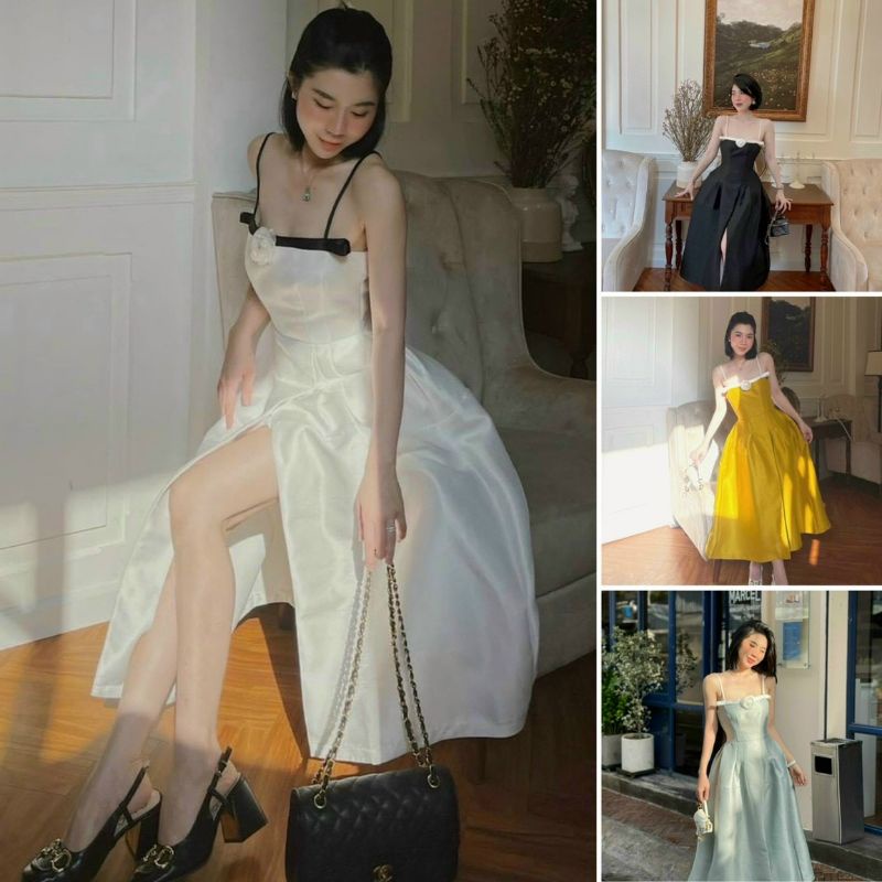 Đầm midi tafta 2 dây kèm hoa