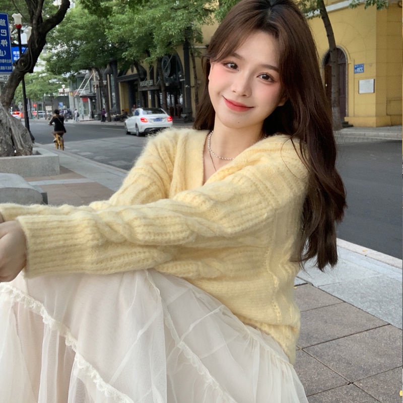 Áo Cardigan Dệt Kim Cổ Chữ V Màu Vàng Ngọt Ngào Hàng Mới Dành Cho Bạn Nữ