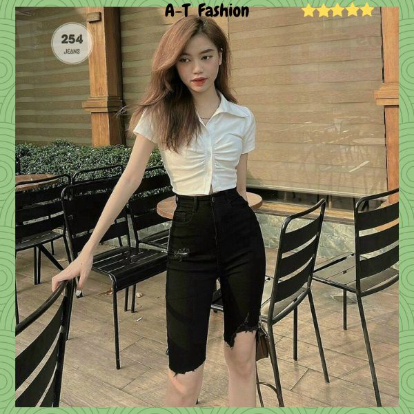 Quần ngố jean nữ rách cá tính thời trang A-T fashion, quần short lửng nữ lưng cao màu đen chất bò co giãn - MQ254