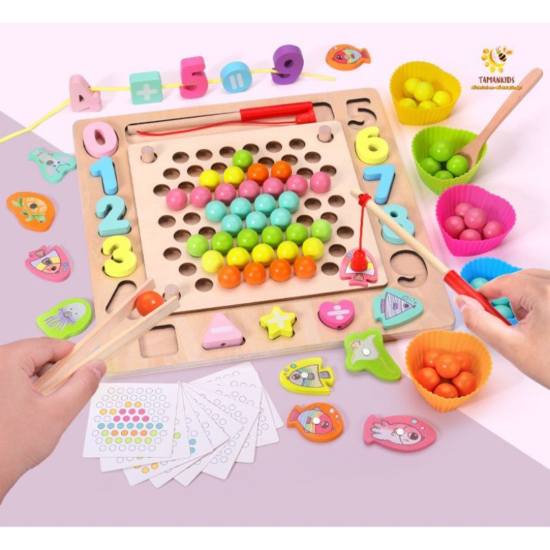 BỘ THỰC HÀNH KỸ NĂNG GẮP MÚC BI VÀ CÂU CÁ BẰNG GỖ