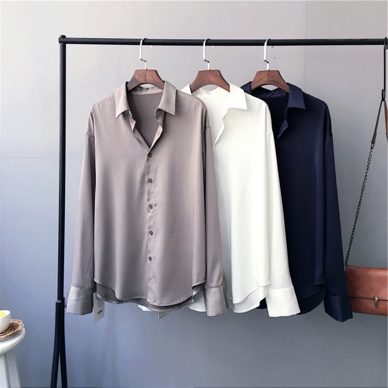 Áo sơ mi lụa nữ trơn satin kiểu công sở Hàn Quốc dài tay thụng bigsize Quảng Châu cao cấp M-2