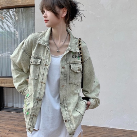 Áo khoác denim ZHELIHANGFEI dáng rộng họa tiết thêu phong cách cổ điển thời trang