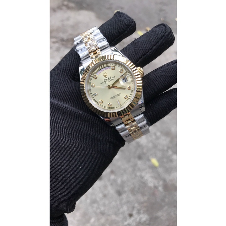 Đồng hồ nam Rolex mặt tròn đính viền băm máy cơ automatic dây kim loại cao cấp