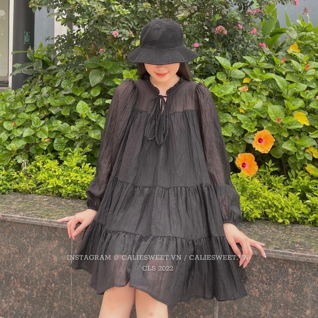 Đầm babydol tay phồng Caliesweet váy babydol dài tay 2 lớp chất đũi xước