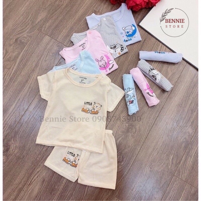 Bộ ngắn tay cho bé (4-14kg) BENNIE STORE Bộ cộc tay cotton giấy cài vai kẻ ngang Noubaby