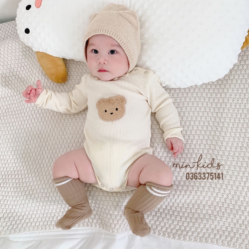 Bodysuit dài tay thun gân thêu hình gấu, sóc cho bé