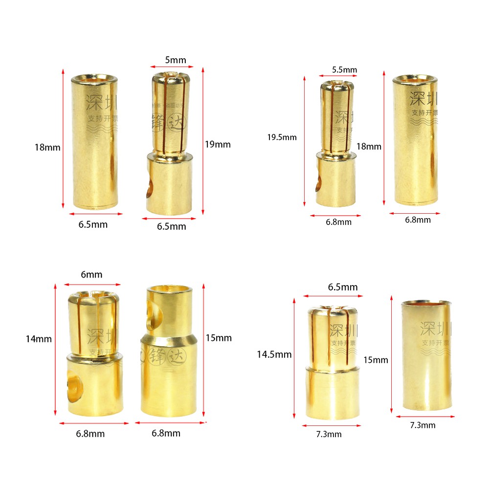 10 cặp / lốc 2.0 / 3.0 / 3.5 / 4.0 / 5 / 5.5 / 6.5 / 8mm gold bullet banana connector plug for lipo battery rc esc motor car truck toys diy