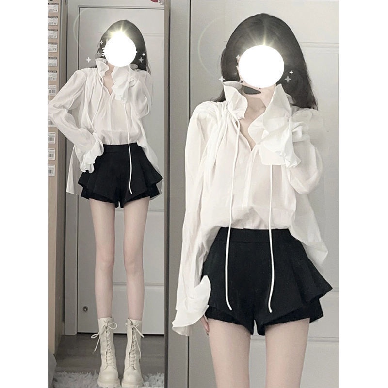 Cổ Phiếu Sẵn Sàng❣Bộ Áo Sơ Mi + Quần Culottes Lưng Cao Ống Rộng 2022 Thời Trang Mùa Hè Cho Nữ