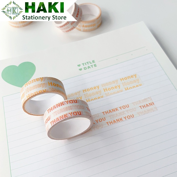 Cuộn băng keo washi tape HAKI in chữ thank you trang trí sổ tay phong cách Hàn Quốc BD05