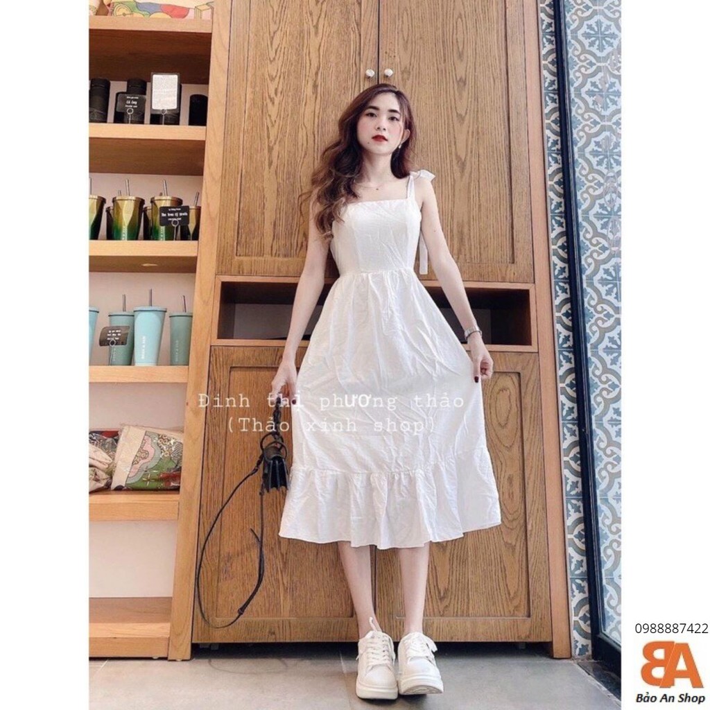 Đầm 2 dây cột nơ vai chất vải đũi