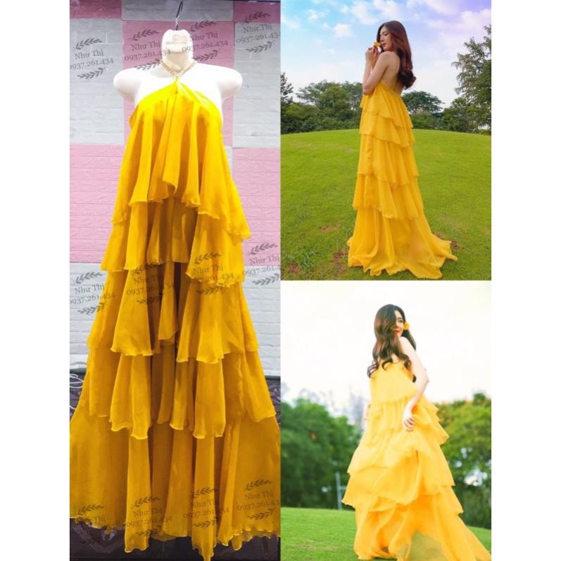 (miễn phí chỉnh váy) đầm maxi yếm tầng hở lưng đang hot đi biển du lịch chụp hình sống ảo cực sang thiết kế giá rẻ new