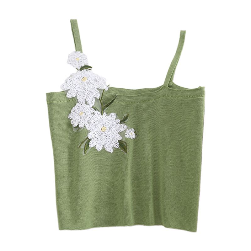 Áo Croptop Dệt Kim Hai Dây Không Tay In Họa Tiết Hoa Cúc Nhỏ Đính Sequin Thời Trang Mùa Hè Quyến Rũ Cho Nữ