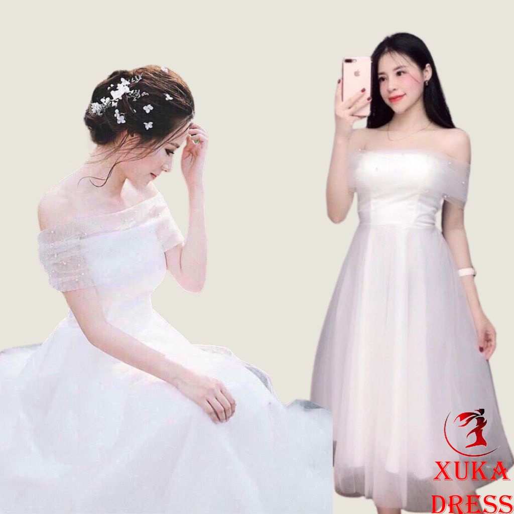 Đầm trắng công chúa dự tiệc trễ vai dáng xòe phối lưới xinh đẹp sang trọng dễ thương XUKA DRESS(kèm hình thật)