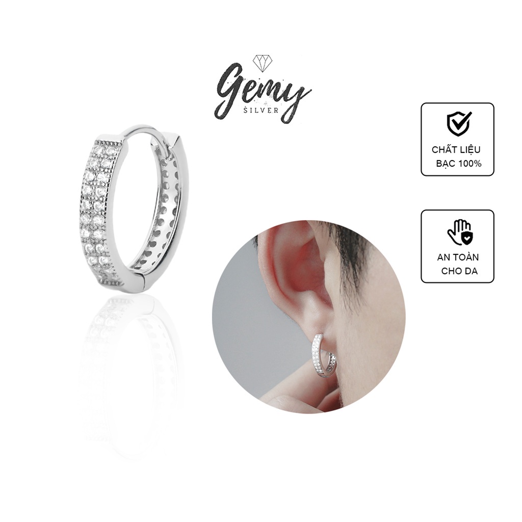 Khuyên tai nam bạc tròn đính đá cá tính lịch lãm unisex Audrey 2  | GEMY SILVER KN44