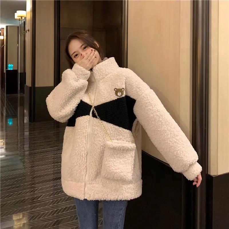 Áo khoác IELGY chất liệu lông cừu cashmere giả dáng rộng phong cách Hàn Quốc dành cho nữ