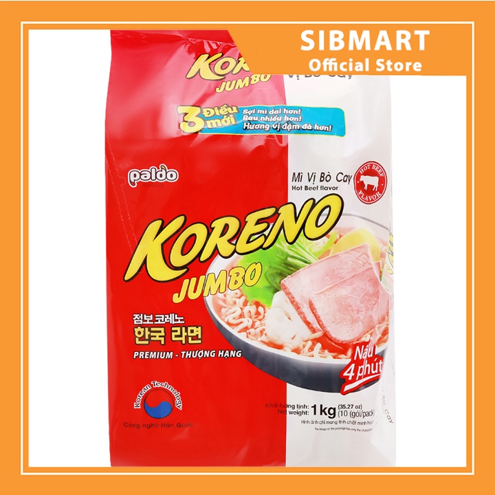 [ MÓN NGON MỖI NGÀY ] Túi 10 gói mì Koreno Jumbo vị bò cay 1kg - Sinmart Official Store - SX0069