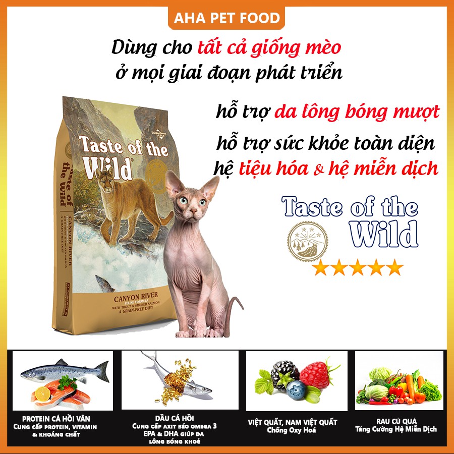 [Nhập Khẩu USA] Thức Ăn Cho Mèo Không Lông Taste Of The Wild Canyon River Bao 400g - Cá Hồi, Rau Củ Quả, Trái Cây