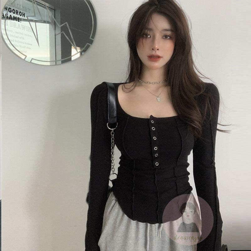 Áo Thun Tay Dài Màu Trơn Thiết Kế Bất Đối Xứng Size S / M / L / XL