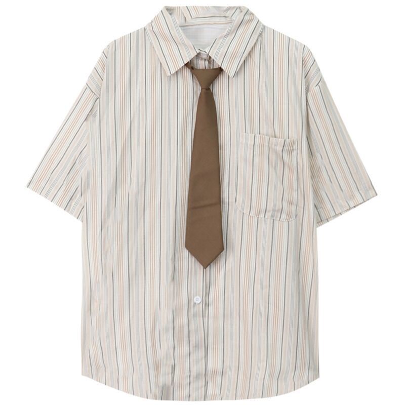 Set Áo Sơ Mi Ngắn Tay Kẻ Sọc Và Chân Váy Xếp Ly Phong Cách Retro Cho Nữ