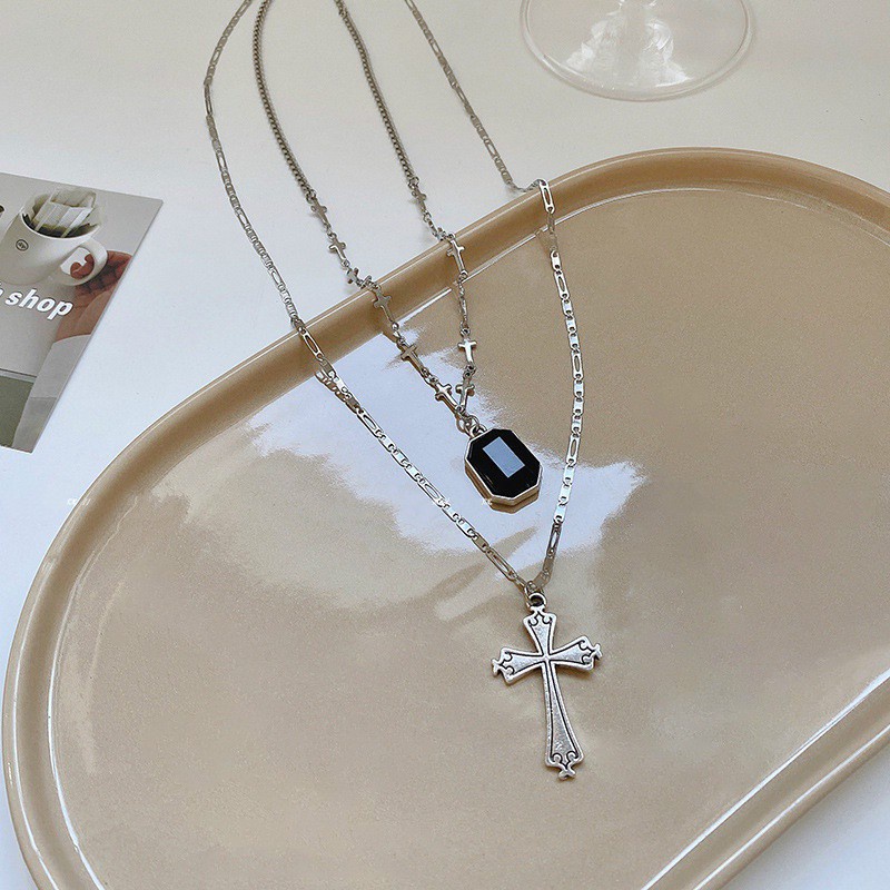 Dây chuyền 191099 nhiều lớp mặt thánh giá đính kim cương màu đen phong cách hip hop đường phố độc đáo