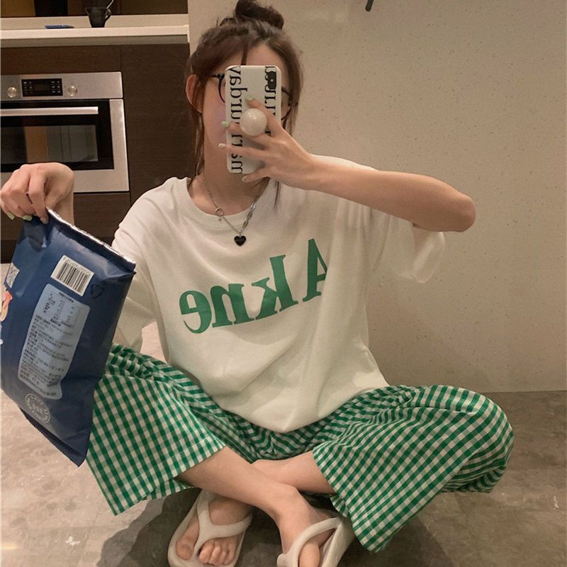 Jiashucheng Quần Dài Mặc Ở Nhà Dáng Rộng Kẻ Sọc Ca Rô Màu Xanh Lá Thời Trang Mùa Hè Cho Nữ