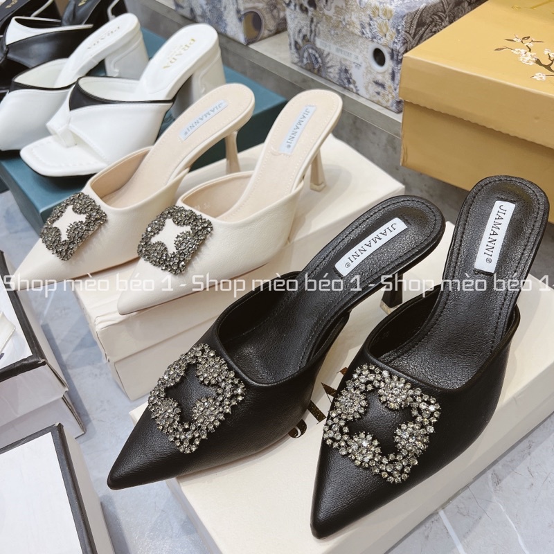 Giày sục cao cót manolo mặt đá vuông gót nhọn fullbox hàng quảng châu cao cấp