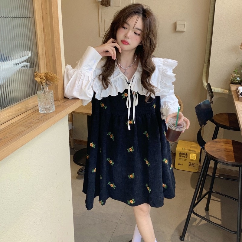 Set Đầm Hoa Và Áo Sơ Mi Cổ Búp Bê Thời Trang Nữ Tính Mới