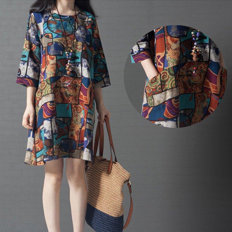 【COD】Women Dresses Plus Size Retro Print Dress Casual Cotton Linen Dresses Korean-style Dress Women