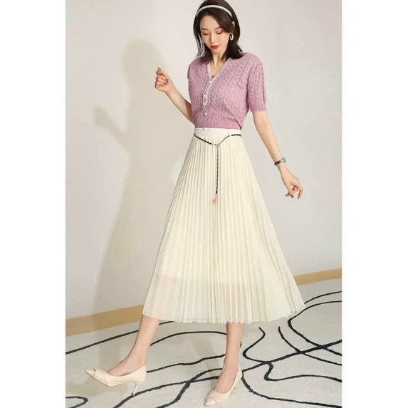 Chân váy von xoè dáng dài midi kèm đai dây xích hàng quảng châu