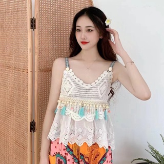Áo peplum đan len không tay cổ chữ v dáng rộng phối tua rua phong cách boho thời trang đi biển cho nữ