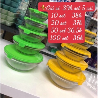 Bộ 5 bát thuỷ tinh + 5 nắp nhựa sắc màu